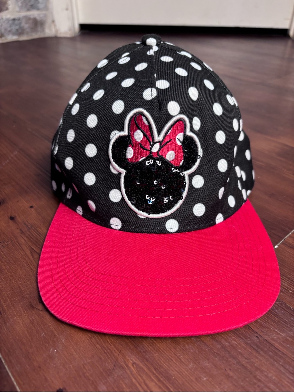 Disney Minnie Mouse Sequin Black White and Red Polka Dot Hat